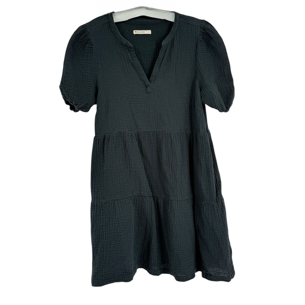 Marine Layer Cotton Gauze Tiered Dress Black Short Sleeve Jamie Pockets Size S